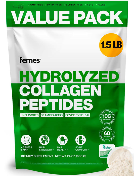 Fernes Collagen Peptides for Women Men (1.5LB) Type I & III Flavorless & Odorless Easy-Mix Hydrolyzed Peptan Protein Joint Hair Skin & Nail Support Gluten-Free Non-GMO Keto & Paleo Grass-Fed Kosher Fernes buy supplements Au