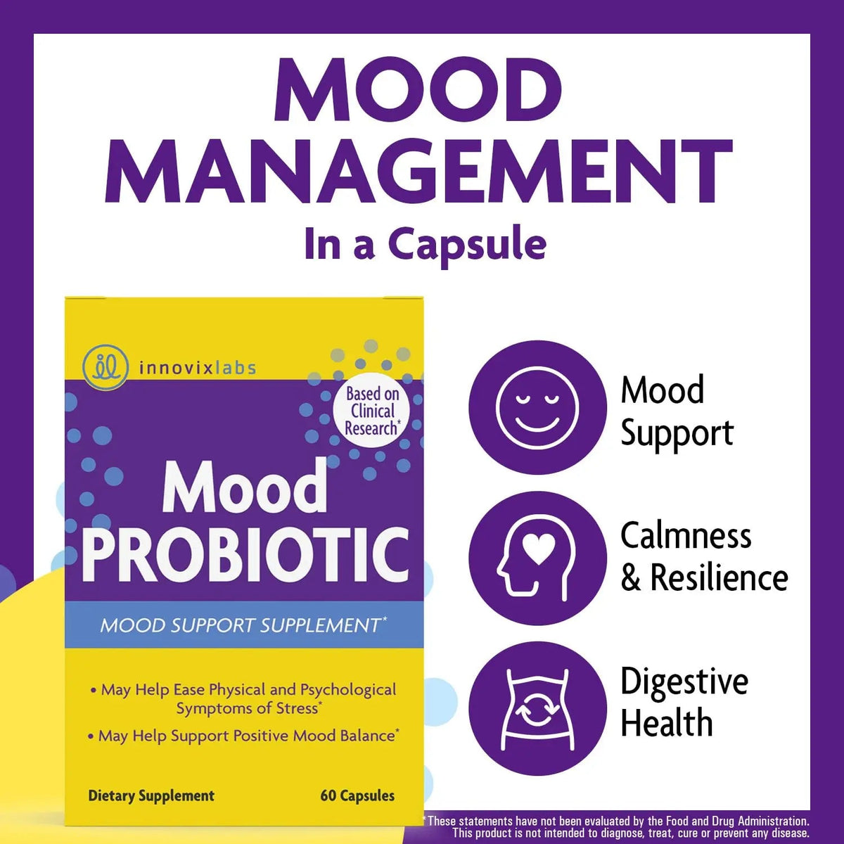 InnovixLabs Mood Probiotic for Women & Men, Clinically Studied Digestive & Mood Support Supplement, Lactobacillus helveticus Rosell-52ND & Bifidobacterium longum Rosell-175, 60 Capsules InnovixLabsBuy Supplements Australia