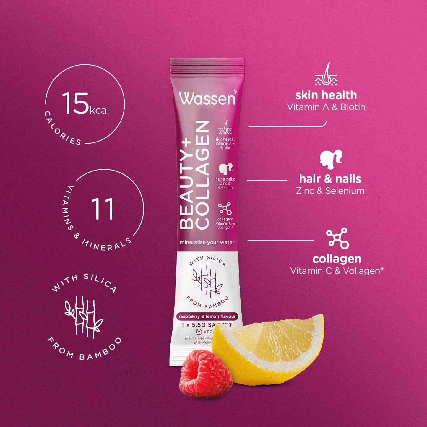 Wassen Beauty and Collagen - Plant-Based Vegan Collagen - 14 Raspberry & Lemon Flavoured Sachets WassenBuy Supplements Australia