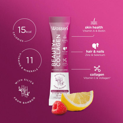 Wassen Beauty and Collagen - Plant-Based Vegan Collagen - 14 Raspberry & Lemon Flavoured Sachets WassenBuy Supplements Australia