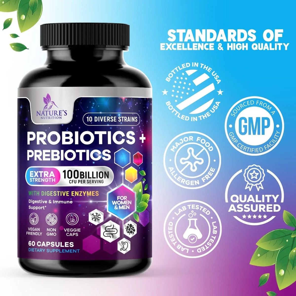 Probiotics 100 Billion CFU Per Serving - 10 Probiotic Strains & Prebiotics - Digestive Gut Health, Immune Support & Occasional Constipation, Gas & Bloating - Daily Supplement For Adults - 60 Capsules Nature's NutritionBuy Supplements Australia