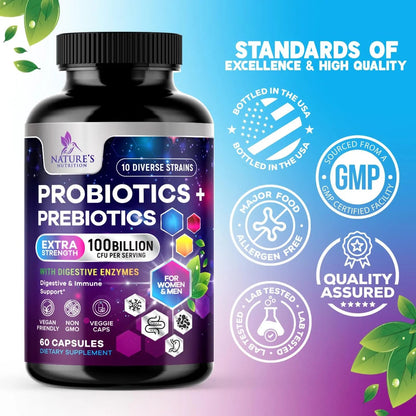 Probiotics 100 Billion CFU Per Serving - 10 Probiotic Strains & Prebiotics - Digestive Gut Health, Immune Support & Occasional Constipation, Gas & Bloating - Daily Supplement For Adults - 60 Capsules Nature's NutritionBuy Supplements Australia