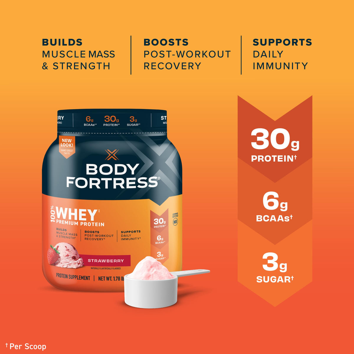 Body Fortress 100% Whey, Premium Protein Powder, Strawberry, 1.78lbs Packaging May Body FortressBuy Supplements Australia