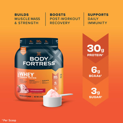 Body Fortress 100% Whey, Premium Protein Powder, Strawberry, 1.78lbs Packaging May Body FortressBuy Supplements Australia