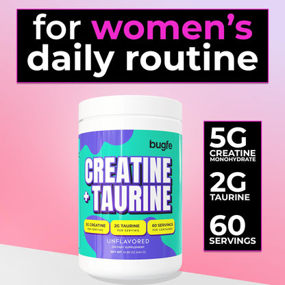 Creatine with Taurine for Women & Men - Unflavored Micronized Creatine Monohydrate Plus Taurine Powder to Support Muscle Strength, Recovery & Brain Health (60 Servings) BugfeBuy Supplements Australia