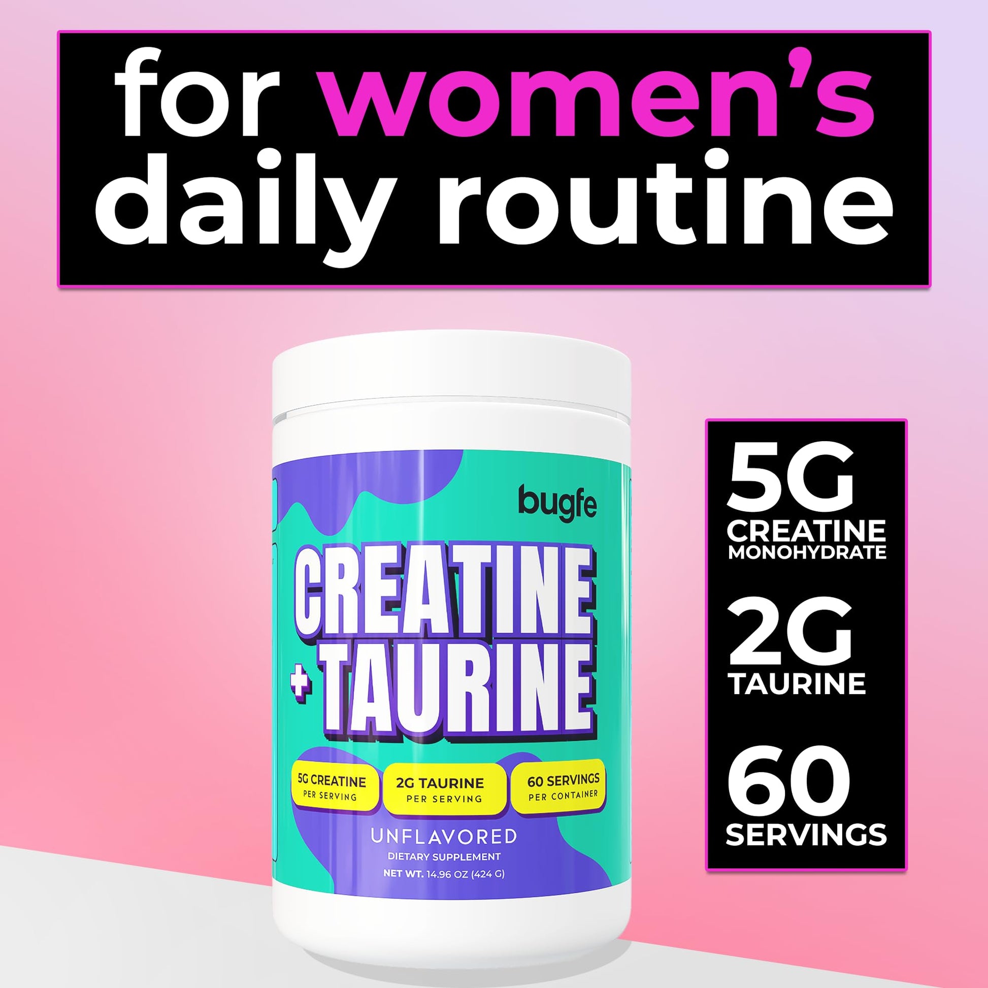 Creatine with Taurine for Women & Men - Unflavored Micronized Creatine Monohydrate Plus Taurine Powder to Support Muscle Strength, Recovery & Brain Health (60 Servings) BugfeBuy Supplements Australia