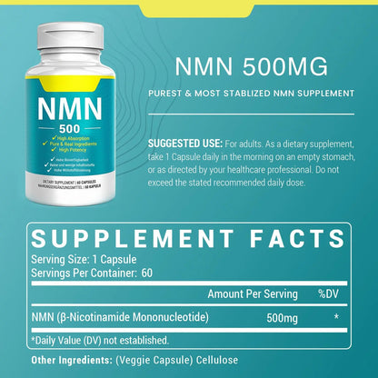 Vegan NMN Supplement 500mg, Higher Absorption - 99% Pure NMN (Nicotinamide Mononucleotide)for NAD+, Cellular Energy Immune Muscle, Anti-Aging & Longevity, Stabilized NMN - 60 Capsules (60 Days Supply) NivantavBuy Supplements Australia