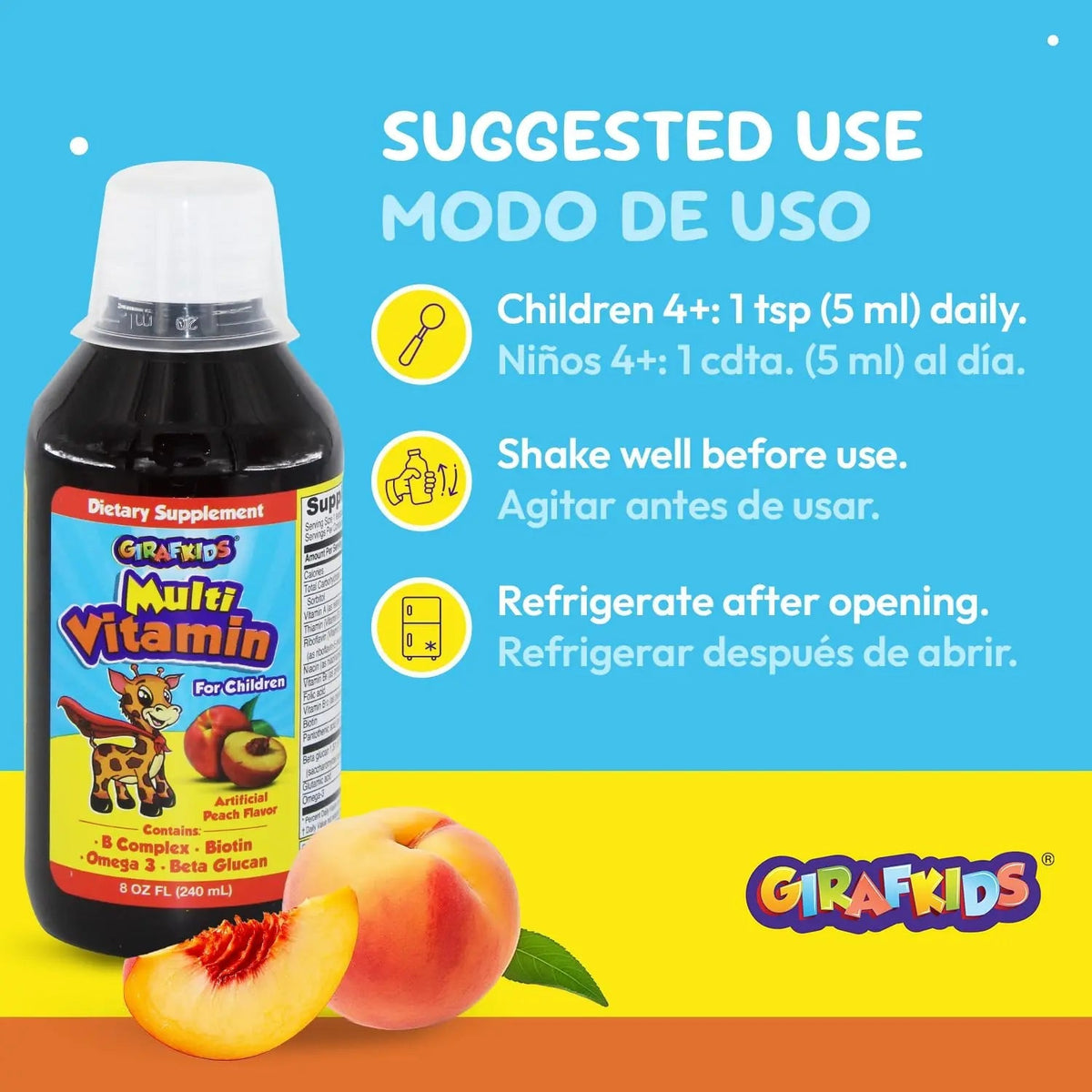 GirafKids Liquid Multivitamin for Kids Ages 4+, 8oz - Daily Child Vitamins with Biotin, Vitamin A, B Complex, Folic Acid, Omega-3 & Beta Glucan PHARMADEL