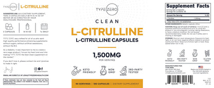 Type Zero L-Citrulline Capsules (180 Capsules) (1500 mg per Serving) - GMO-Free Type ZeroBuy Supplements Australia