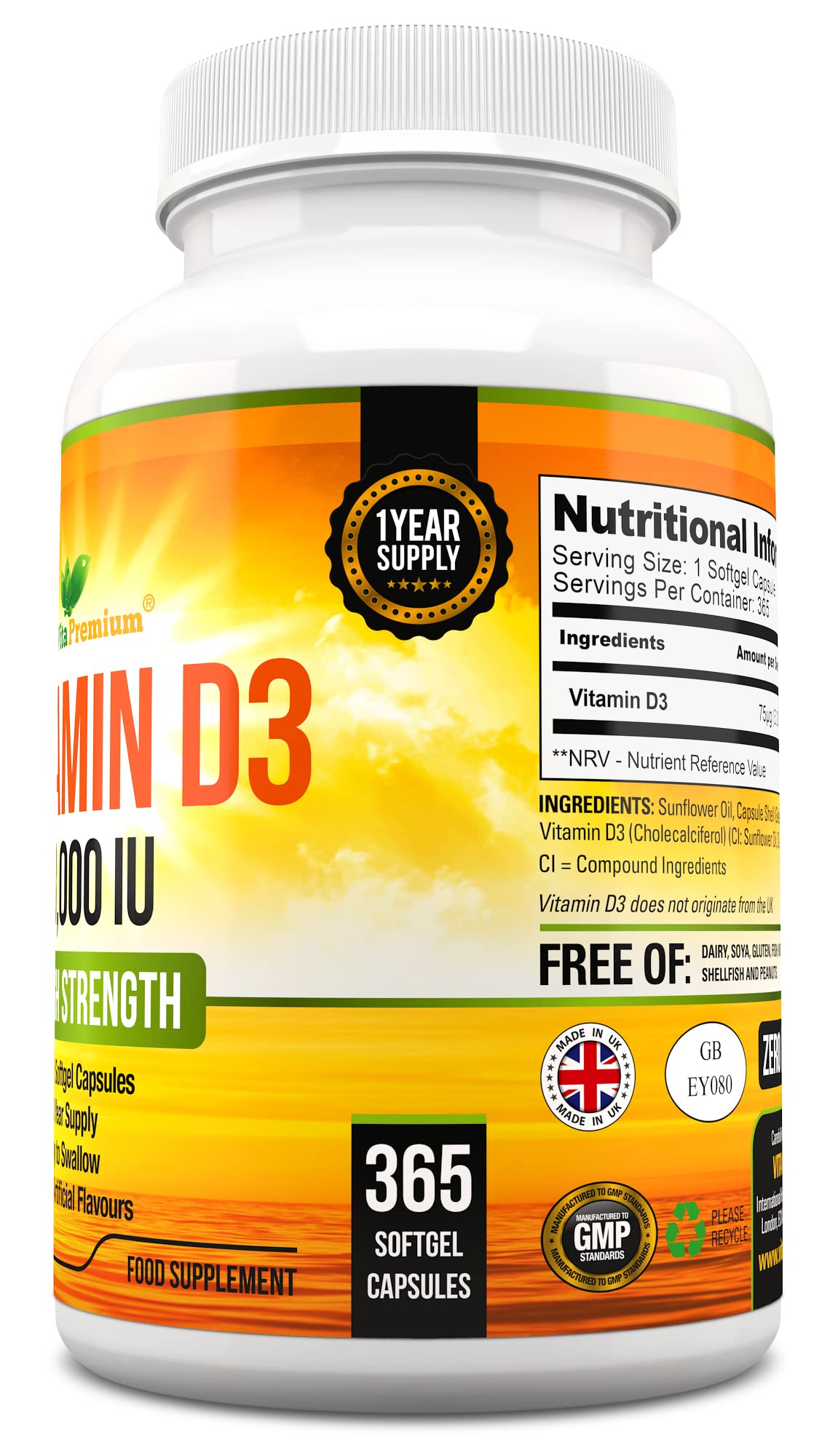 Vitamin D 3,000 IU, High Strength Vitamin D3 Supplement, 365 Easy to Swallow Softgels Vita PremiumBuy Supplements Australia