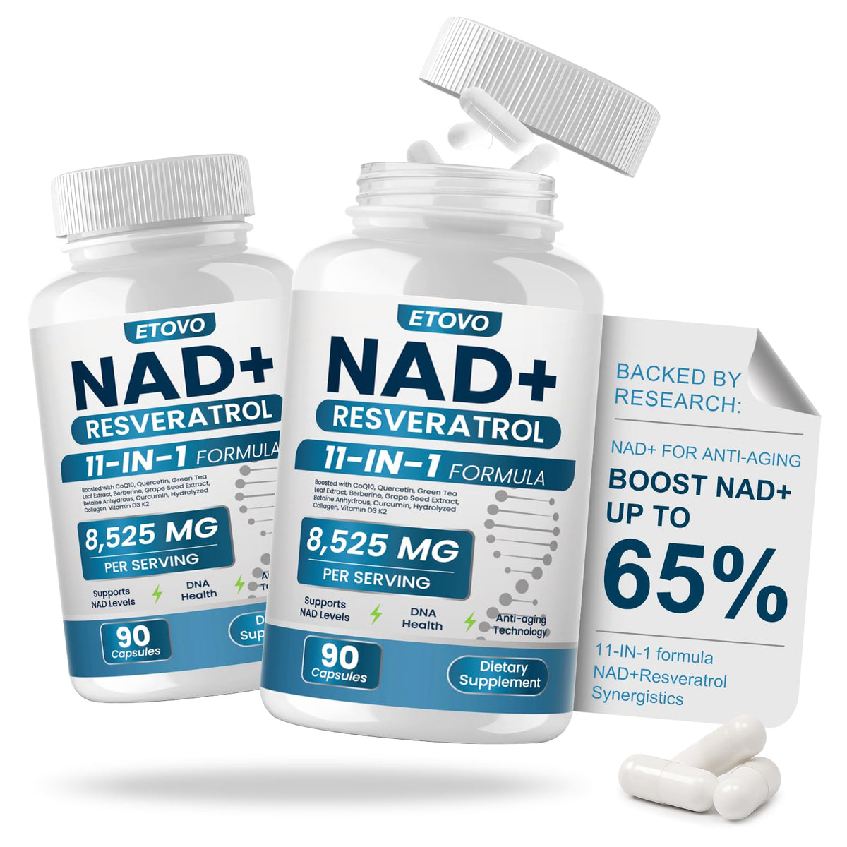 Two bottles of ETOVO NAD+ Resveratrol supplement with packaging on a white background