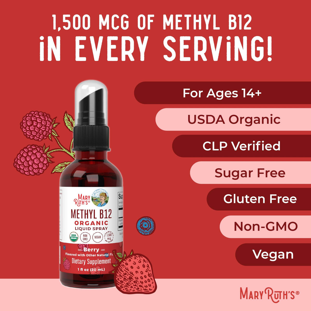 MaryRuth Organics Methyl B12 Spray | 1,500 mcg B12 Per Serving | Methylcobalamin | Energy Metabolism | Nervous System Support | Neuro Health | Vegan | Gluten Free | Sugar Free | 1 Fl Oz MARYRUTH'SBuy Supplements Australia
