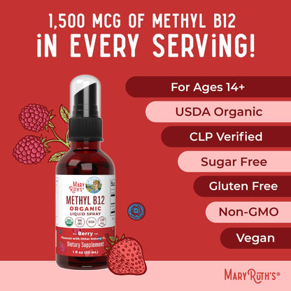 MaryRuth Organics Methyl B12 Spray | 1,500 mcg B12 Per Serving | Methylcobalamin | Energy Metabolism | Nervous System Support | Neuro Health | Vegan | Gluten Free | Sugar Free | 1 Fl Oz MARYRUTH'SBuy Supplements Australia