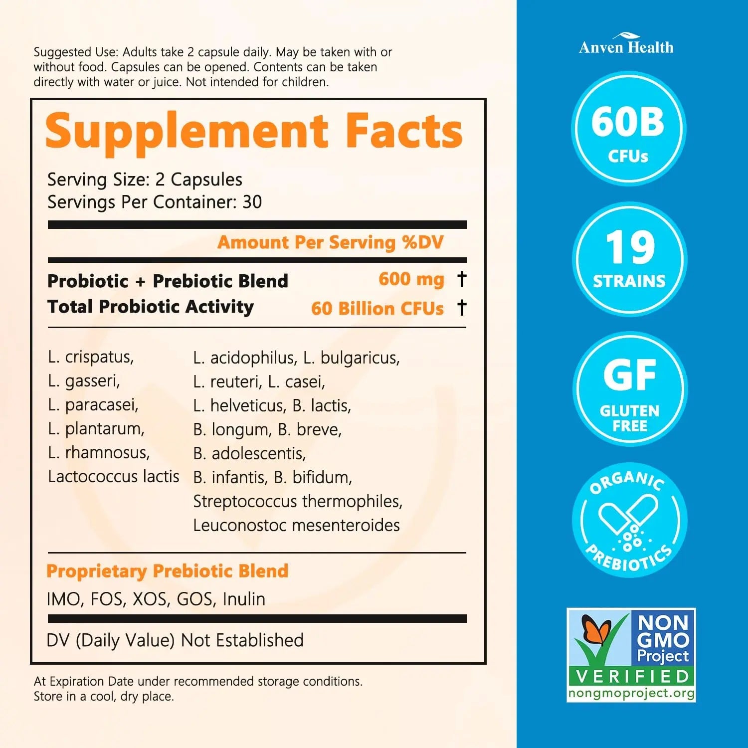 Anven Health 60 Billion Probiotics for Women and Men 19 Strains 5 Organic Prebiotics for Gut Digestive & Immune Health, Supports Diarrhea Gas Bloating, Vegan Probiotic Supplement Formula丨120 Caps Anven Health buy supplements Au