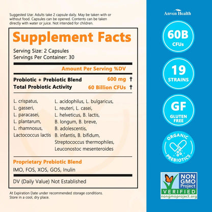 Anven Health 60 Billion Probiotics for Women and Men 19 Strains 5 Organic Prebiotics for Gut Digestive & Immune Health, Supports Diarrhea Gas Bloating, Vegan Probiotic Supplement Formula丨120 Caps Anven Health buy supplements Au