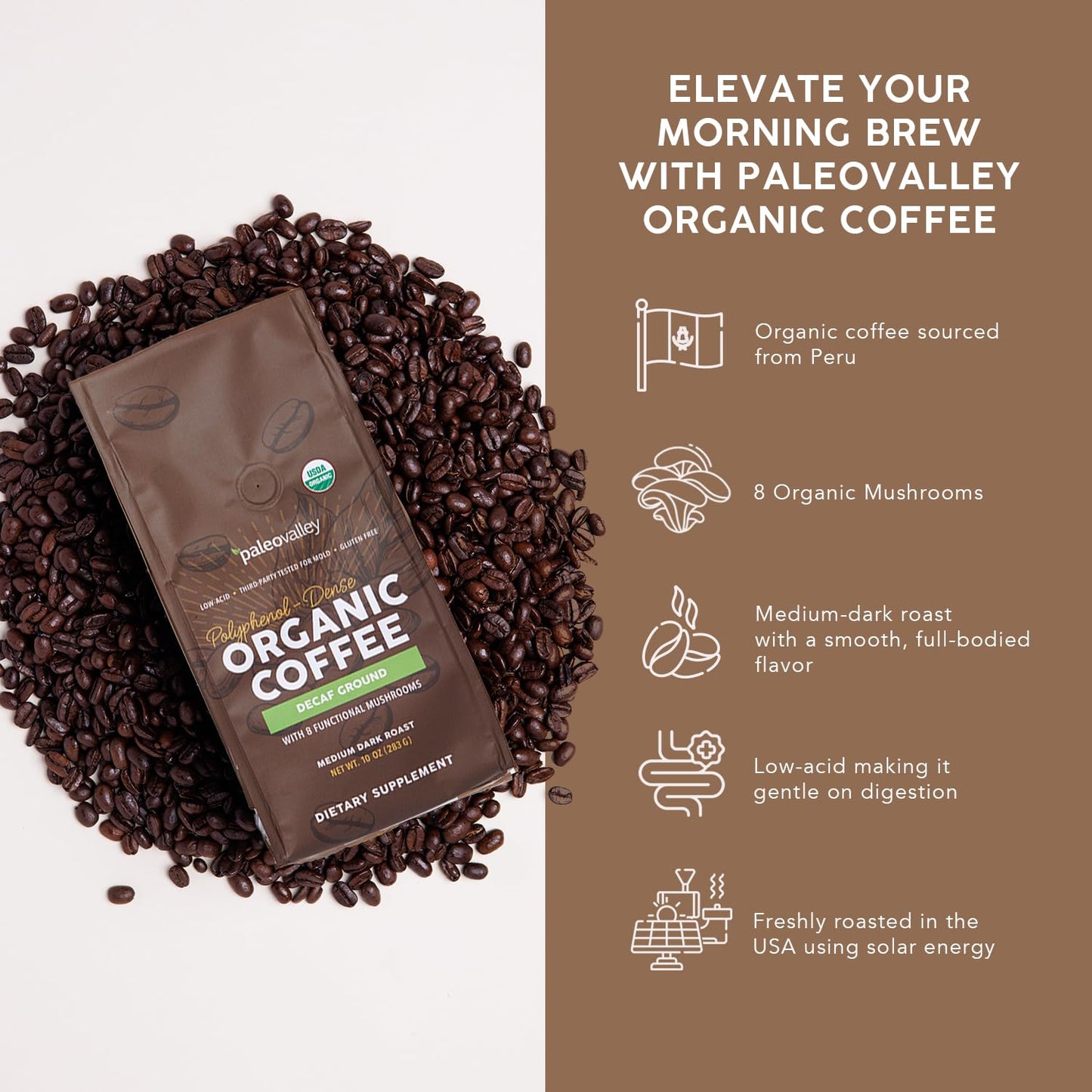 Paleovalley Organic Ground Coffee, 10oz - Decaf, Low Acid, Single-Origin, Polyphenol-Rich, Infused with Mushrooms PaleovalleyBuy Supplements Australia