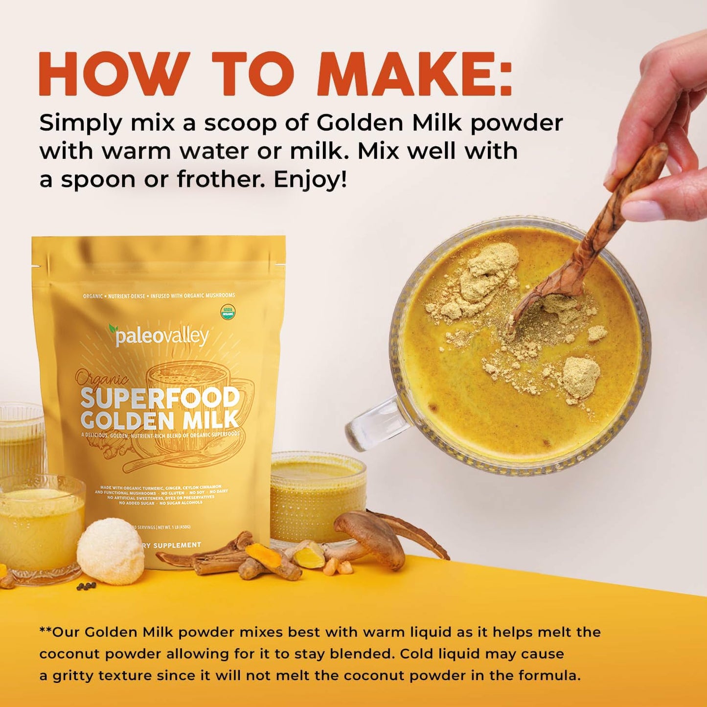 Paleovalley Organic Superfood Golden Milk - Immune, Focus, Cognitive, Longevity - Turmeric, MCT-Rich Coconut Milk, Functional Mushrooms, 30 Servings PaleovalleyBuy Supplements Australia