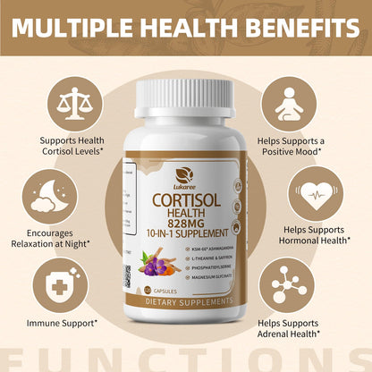 10-IN-1 Cortisol Supplements w/ KSM-66® Ashwagandha 300mg + L-Theanine 250mg, Magnesium Glycinate, Saffron, Phosphatidylserine, Turmeric & Vitamin C D3 B6 B5, For Women Men, 120 Capsules 60-Day Supply LukareeBuy Supplements Australia