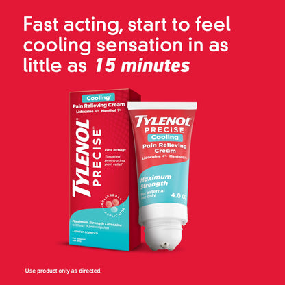 Tylenol Precise Cooling Cream, Strong Pain Relief with Fast-Acting Sensation, 4% Lidocaine, 1% Menthol, Maximum OTC Strength Relief for Back, Muscle & Joint, Numbing Cream Rollerball Applicator, 4 oz TylenolBuy Supplements Australia