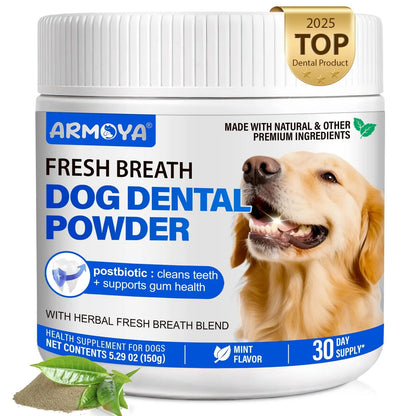 Dog Teeth Cleaning Powder - Dental Powder for Dogs Teeth - Plaque Removal - Supports Gum Health - Tartar Remover with Natural Herb Blend and Postbiotics 30 Day Supply - Mint Flavor ARMOYABuy Supplements Australia