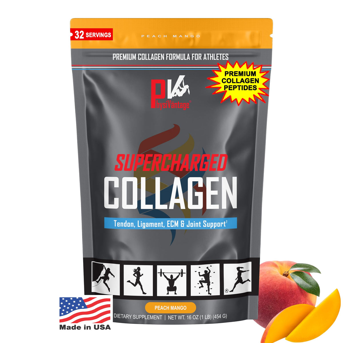 PhysiVantage Supercharged Collagen Peptides Powder - Hydrolyzed Collagen for Joint, Tendon, Ligament, & Skin Health Support - Peach Mango, Keto, Paleo, 16oz | Enhanced with Vitamin C, BCAAs, Grass-Fed PhysiVantageBuy Supplements Australia