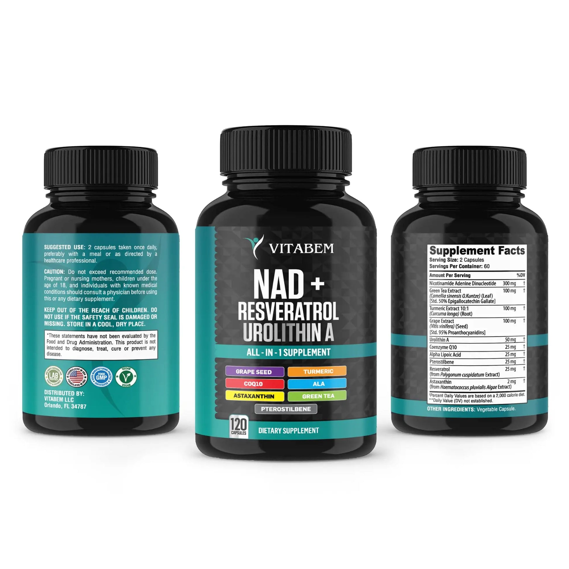 NAD+ Supplement Complex – NAD Supplement+ 300 mg with Astaxanthin, Urolithin A, Resveratrol, CoQ10 & Antioxidant Blend – Cellular Energy, Mitochondrial Support – 120 Count (Pack of 1) VitabemBuy Supplements Australia