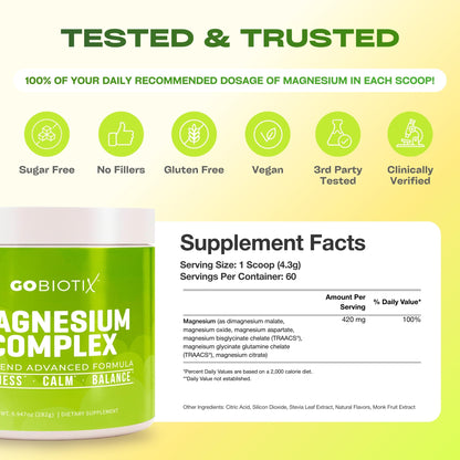 GoBiotix Magnesium Glycinate Powder – Cortisol Supplements for Women and Men – High Absorption Magnesium Complex Calm Supplement with Citrate, Malate – Sugar Free – 420 mg, 60 Servings - Lemon Lime GOBIOTIXBuy Supplements Australia
