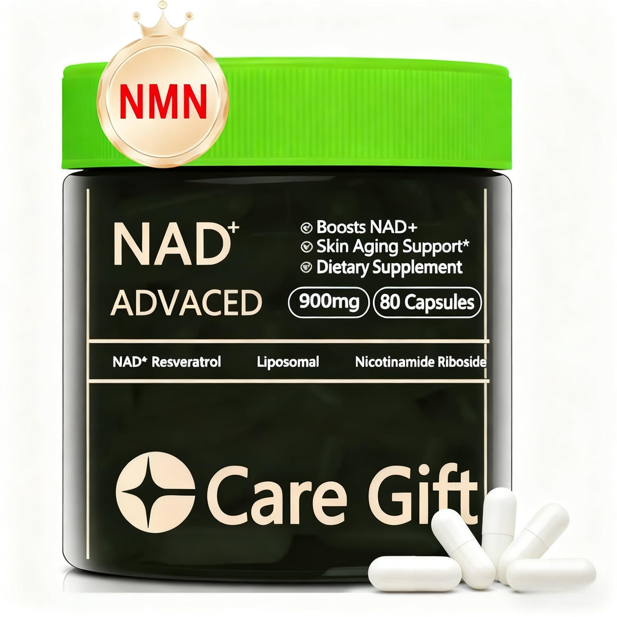 Supplement container labeled 'NAD+ Advanced' by Care Gift with a green lid and white capsules on a white background.