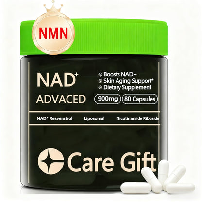 Supplement container labeled 'NAD+ Advanced' by Care Gift with a green lid and white capsules on a white background.