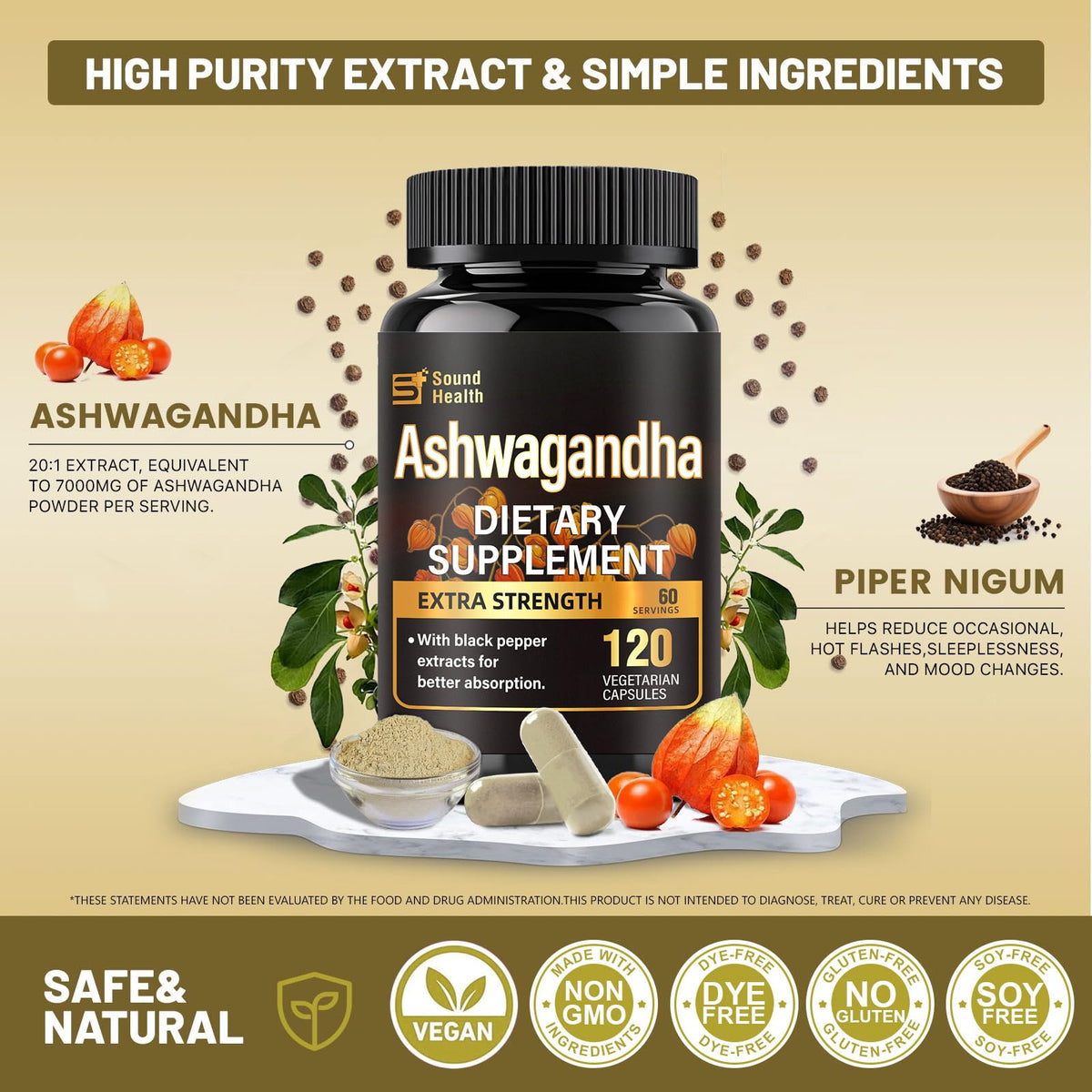7000mg Ashwagandha Supplements Powder (20:1 Root Extract), 120 Organic Ashwagandha Capsules for Women & Men, Black Pepper & BioPerine for Absorption, Non GMO, Third-Party Tested, Gluten Free SoundHealthBuy Supplements Australia