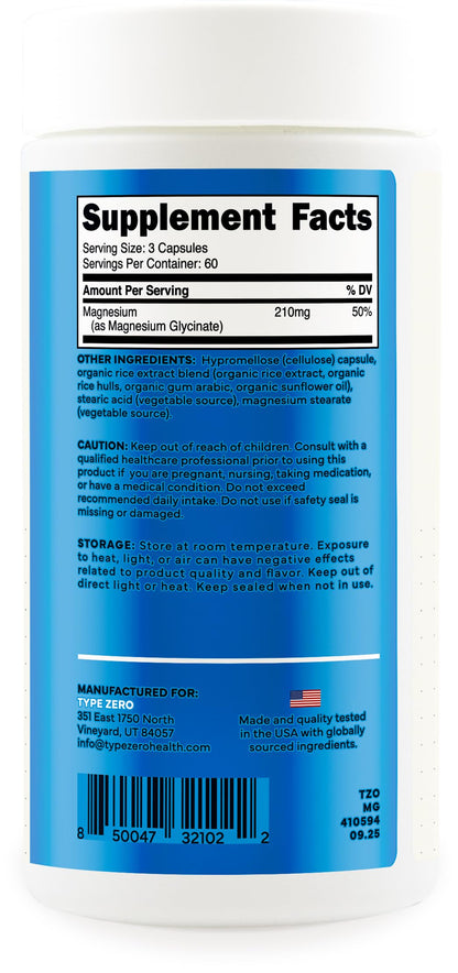 Type Zero Magnesium Glycinate (210mg | 180 Capsules) Pure, Non-GMO, Gluten Free, Natural High Absorption Magnesium Supplement Type ZeroBuy Supplements Australia