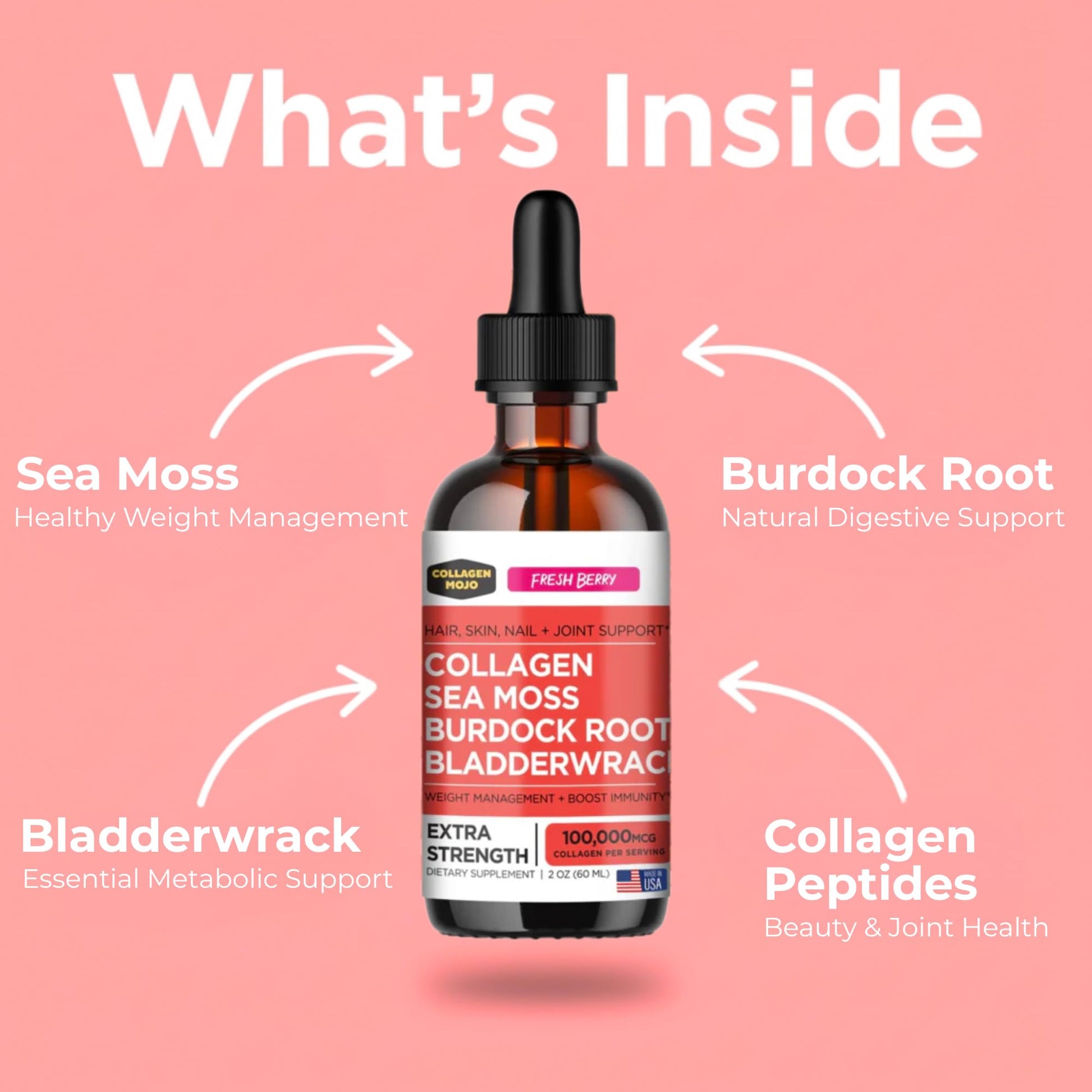 Collagen Mojo - Liquid Collagen with Irish Sea Moss for Women & Men - Collagen Peptides Drops with Burdock Root & Bladderwrack - Hair, Skin, Nails, Joint & Weight Management - 100,000mcg, 2 Oz Collagen Mojo buy supplements Au