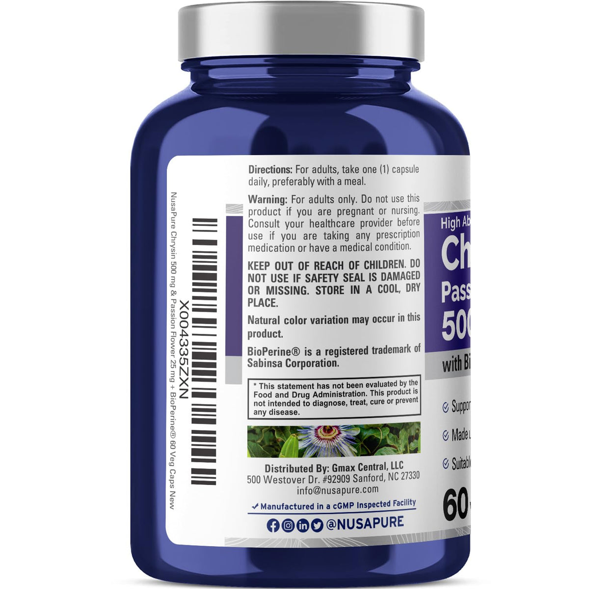 NusaPure Chrysin 500mg, 60 Veggie Capsules | Passion Flower Complex 500mg Supplement | 5, 7-Dihydroxyflavone | Concentrated Extract | Non-GMO, BioPerine & Vegan NusaPureBuy Supplements Australia