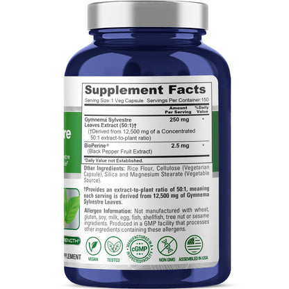 NusaPure Gymnema Sylvestre 50:1 Extract, 250 mg Equivalent to 12,500mg Per Vegan Caps - 150 Count (Non-GMO, Vegan, Bioperine) NusaPureBuy Supplements Australia