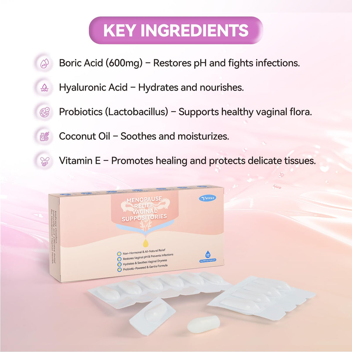 Vetrue Menopause Relief Vaginal Suppositories, Non-Hormonal, All-Natural Formula with Boric Acid, Hyaluronic Acid, Probiotics, Coconut Oil & Vitamin E, Soothes Vaginal Dryness & Discomfort(12 Inserts) vetrueBuy Supplements Australia