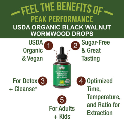 USDA Organic Wormwood Black Walnut Clove Drops Cleanse for Humans. Sugar Free Supplement for Intestinal Cleanse, Detox Support for Adults and Kids. with Artichoke and Clove Bud. Kosher, No GMOs Peak PerformanceBuy Supplements Australia