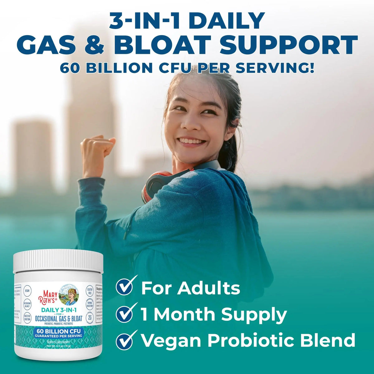 MARYRUTH'S 3-in-1 Gas & Bloat Probiotic Powder | Probiotics for Normal Digestive Function | Probiotics for Women & Men | Prebiotics & Postbiotics | 60 Billion CFU | 23 Unique Strains | 0.5 oz MARYRUTH'SBuy Supplements Australia