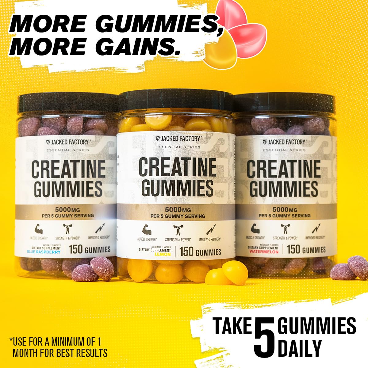Jacked Factory Creatine Gummies 5g Daily Dose (1g per Gummy) - Creatine Gummy for Men and Women, Vegan-Friendly, Travel-Friendly, Third-Party Tested - 150 Gummies, Blue Raspberry Jacked FactoryBuy Supplements Australia