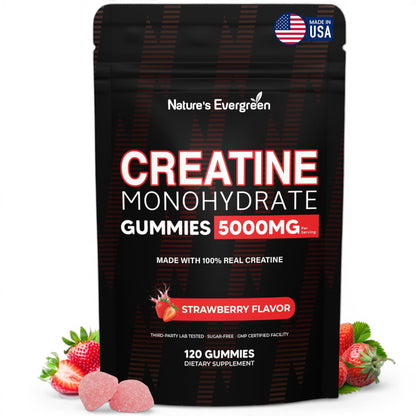 Creatine Monohydrate 5000mg Gummies, Pre-Workout 5g Creatine Gummy Supplement for Men & Women: Muscle Builder & Energy Boost, Sugar Free, Vegan, Strawberry Flavor, (120 Count) Made in USA Nature's EvergreenBuy Supplements Australia
