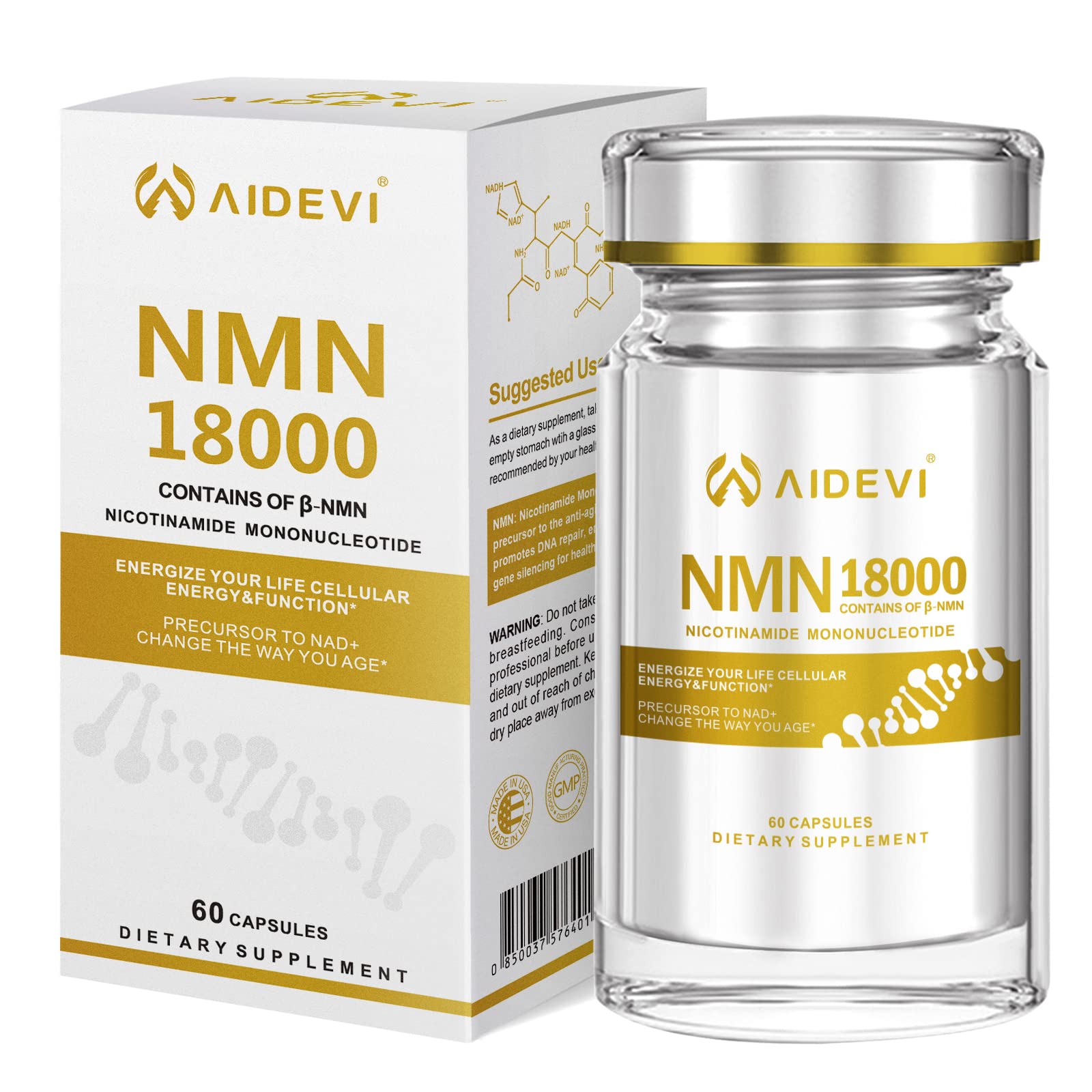 AIDEVI NMN 18000 - Nicotinamide Mononucleotide Supplement with Resveratrol, Stabilized Form & 99% High Purity to Boost NAD+ Levels for DNA Repair Supplement, for Healthy Aging, 60 Capsules AIDEVIBuy Supplements Australia