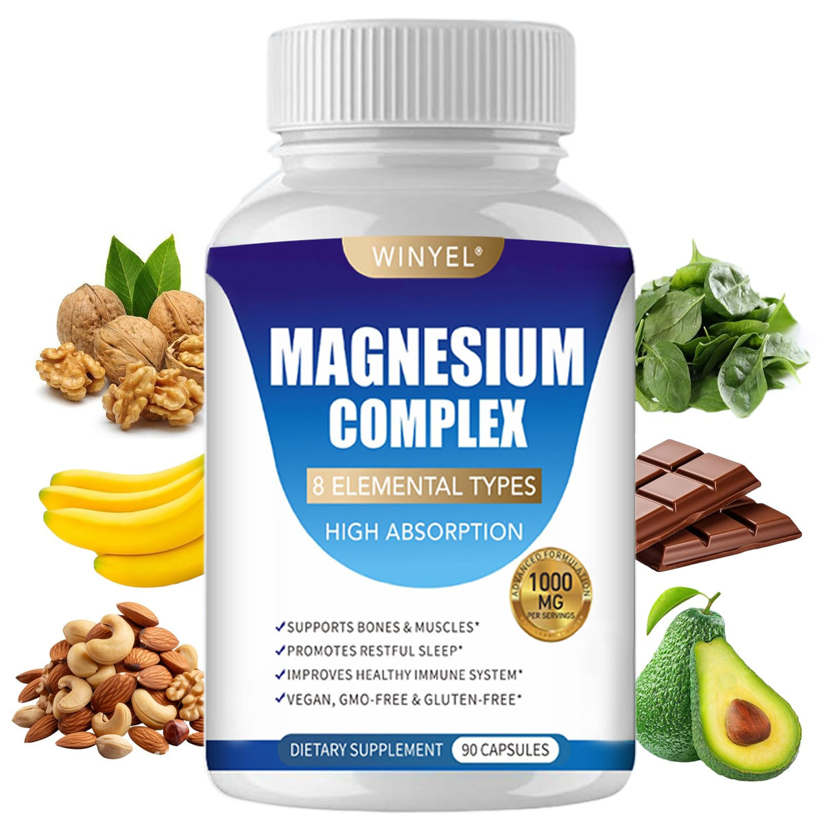 Supplement bottle labeled 'Magnesium Complex' with health benefits on a white background