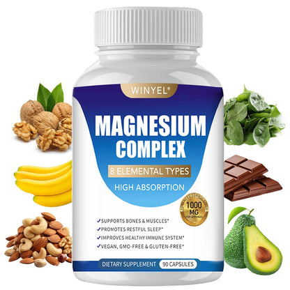 Supplement bottle labeled 'Magnesium Complex' with health benefits on a white background