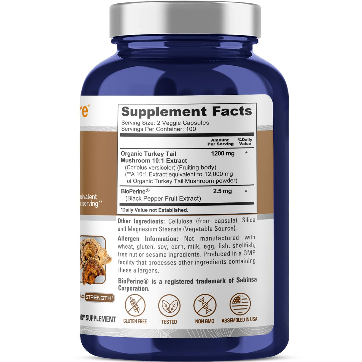 NusaPure Turkey Tail Mushroom Capsules, 10:1 Extract, 1200 mg Equivalent to 12,000mg, 200 Vcaps, Non-GMO, Gluten Free, Bioperine NusaPureBuy Supplements Australia