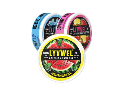 LyvWel 225mg Caffeine Energy Pouches | Nootropic Focus & Neuro Support | Tobacco-Free, Nicotine-Free, Quick Energy Solution | 3-Pack: 45 Pouches (3 Pack, Watermelon Ice, Pink Lemonade, Wintergreen) LyvWelBuy Supplements Australia