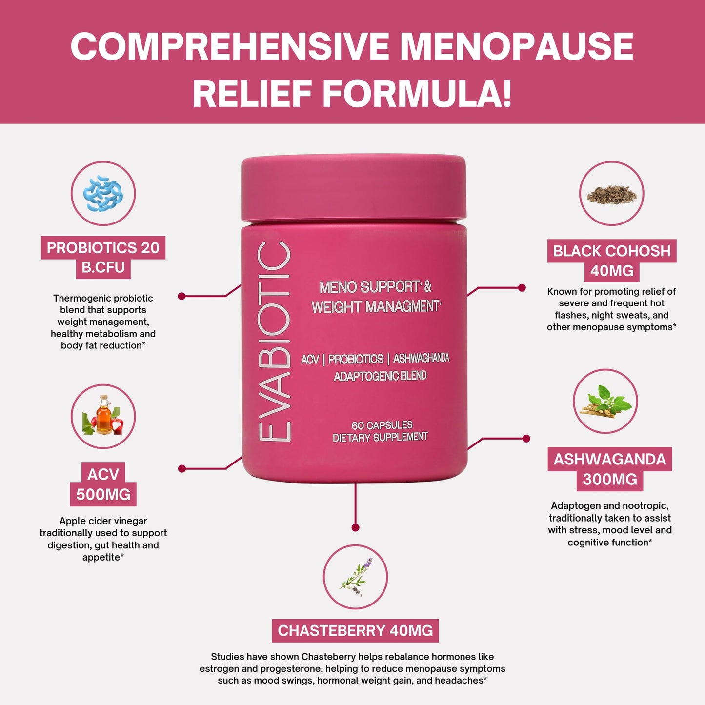 Complete Menopause Vitamins - Ashwaghanda, Probiotics, ACV for Weight Management, Hot Flashes, Night Sweats, Bloat, Hormone Balance - Vegan 60 Caps Menopause Supplements for Women Non-GMO EVABIOTICBuy Supplements Australia
