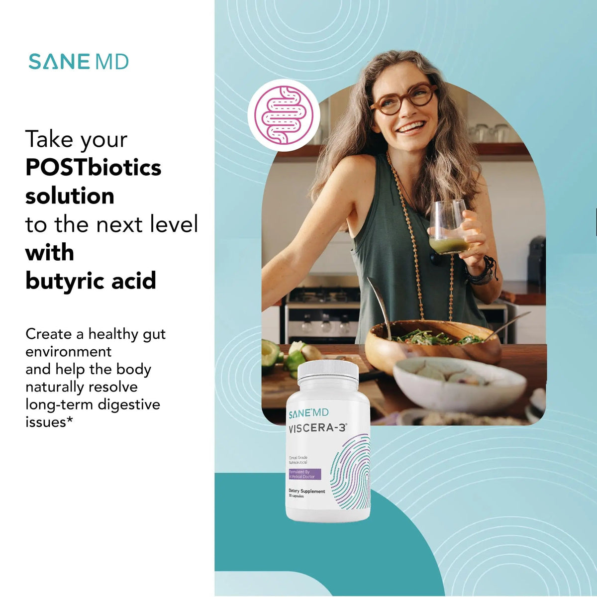 SANE MD - Viscera 3 Postbiotics with Tributyrin - Sodium Butyrate Supplement for Gas and Bloating Relief - Gut Health - IBS & Leaky Gut Butyric Acid Supplement - NSF Certified - 30 Capsules SANEBuy Supplements Australia