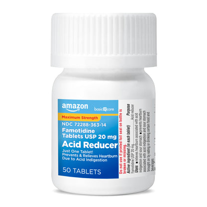 Amazon Basic Care Maximum Strength Famotidine Tablets 20 mg, Acid Reducer for Heartburn Relief, Prevents & Relieves Acid Indigestion, Heartburn Medicine, 50 Count Amazon Basic Care buy supplements Au