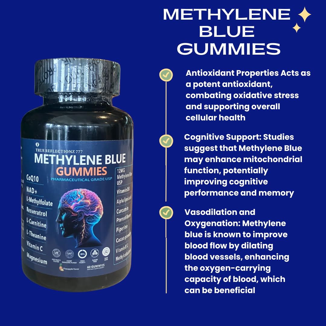 Methylene Blue Gummies 12mg Made in USA Cognitive Support w/Added Vitamin C, NAD,L Methylfolate, Methylcobalamin b12, Mitochondrial Support, Brain Health & Focus, Clarity, methylated Vitamins True reflectionzBuy Supplements Australia