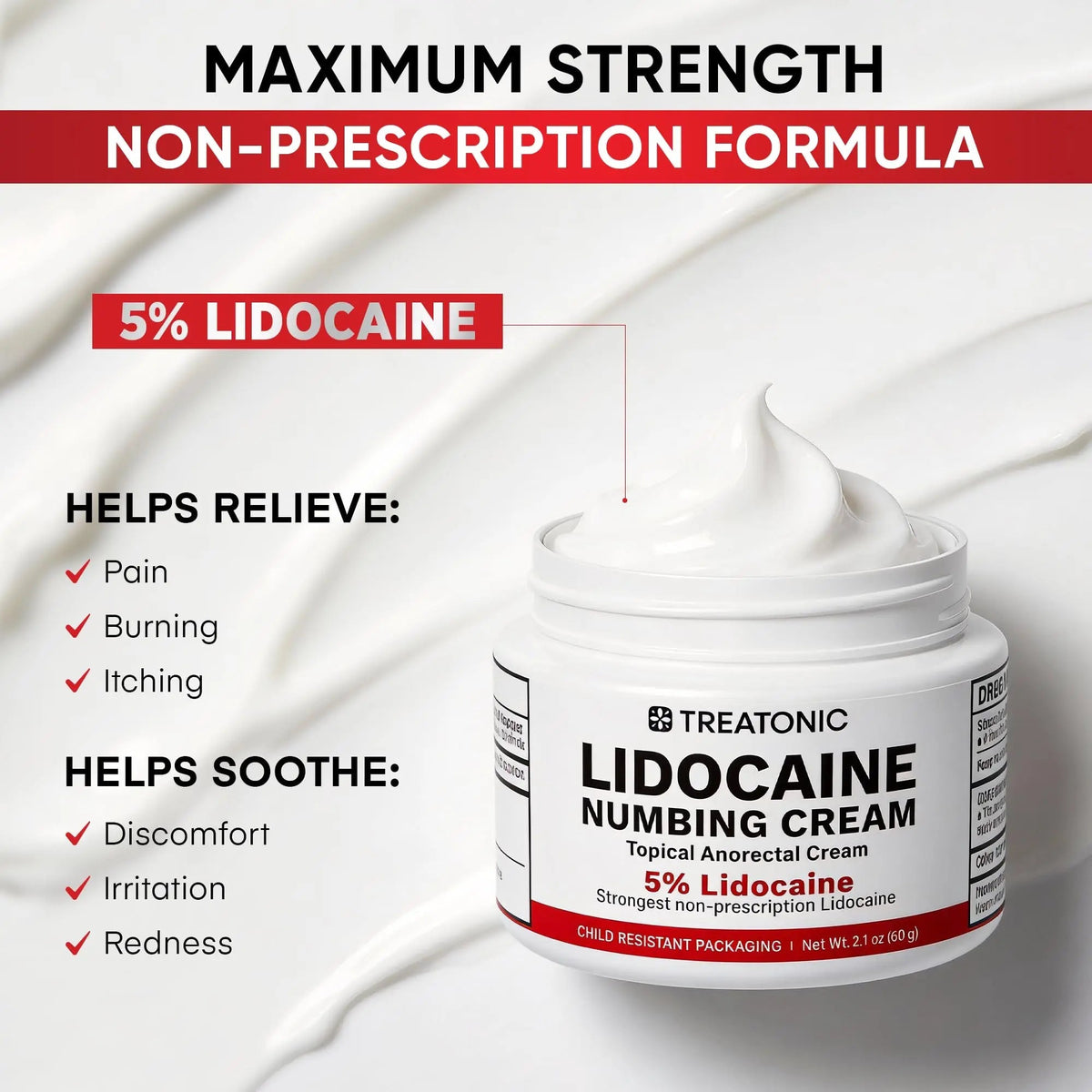 5% Lidocaine Topical Numbing Cream: Maximum Strength Topical Anesthetic Numb Cream for Pain Relief, Itching, Burning, Soreness, Hemorrhoid - Fast Acting & Long Lasting Numbing Formulation - 2.1 oz TreatonicBuy Supplements Australia