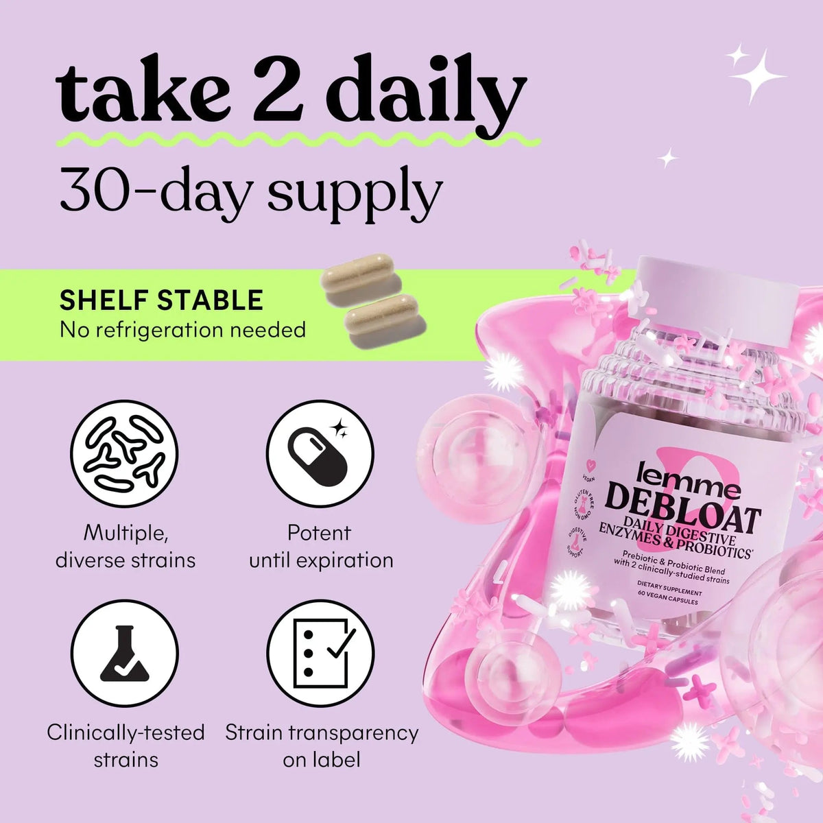 Lemme Debloat 3-in-1 Prebiotic, Probiotic & Digestive Enzyme Capsules for Bloating & Gas Relief - 2 Clinically Studied Probiotics w/5 Digestive Enzymes to Improve Digestion, Women & Men, (60 Count) LemmeBuy Supplements Australia